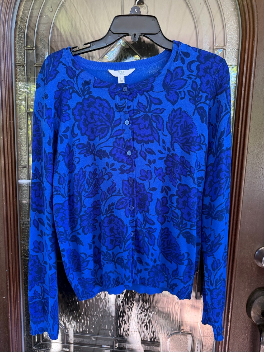 Time and Tru Blue Floral Button-Front Cardigan